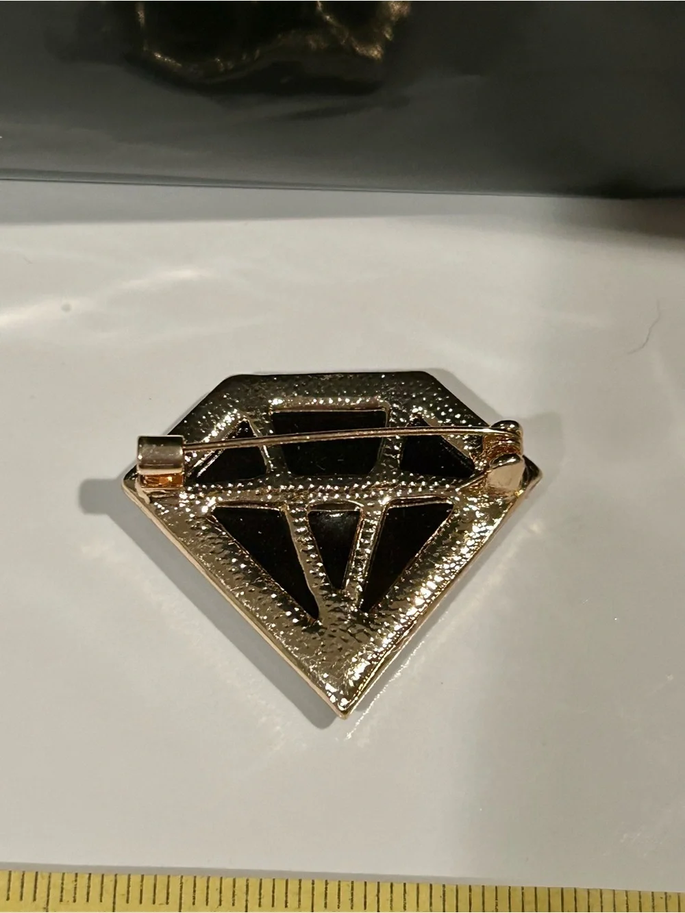 Black Enamel Rhinestone Diamond Brooch – Gold Tone Statement Pin Art Deco